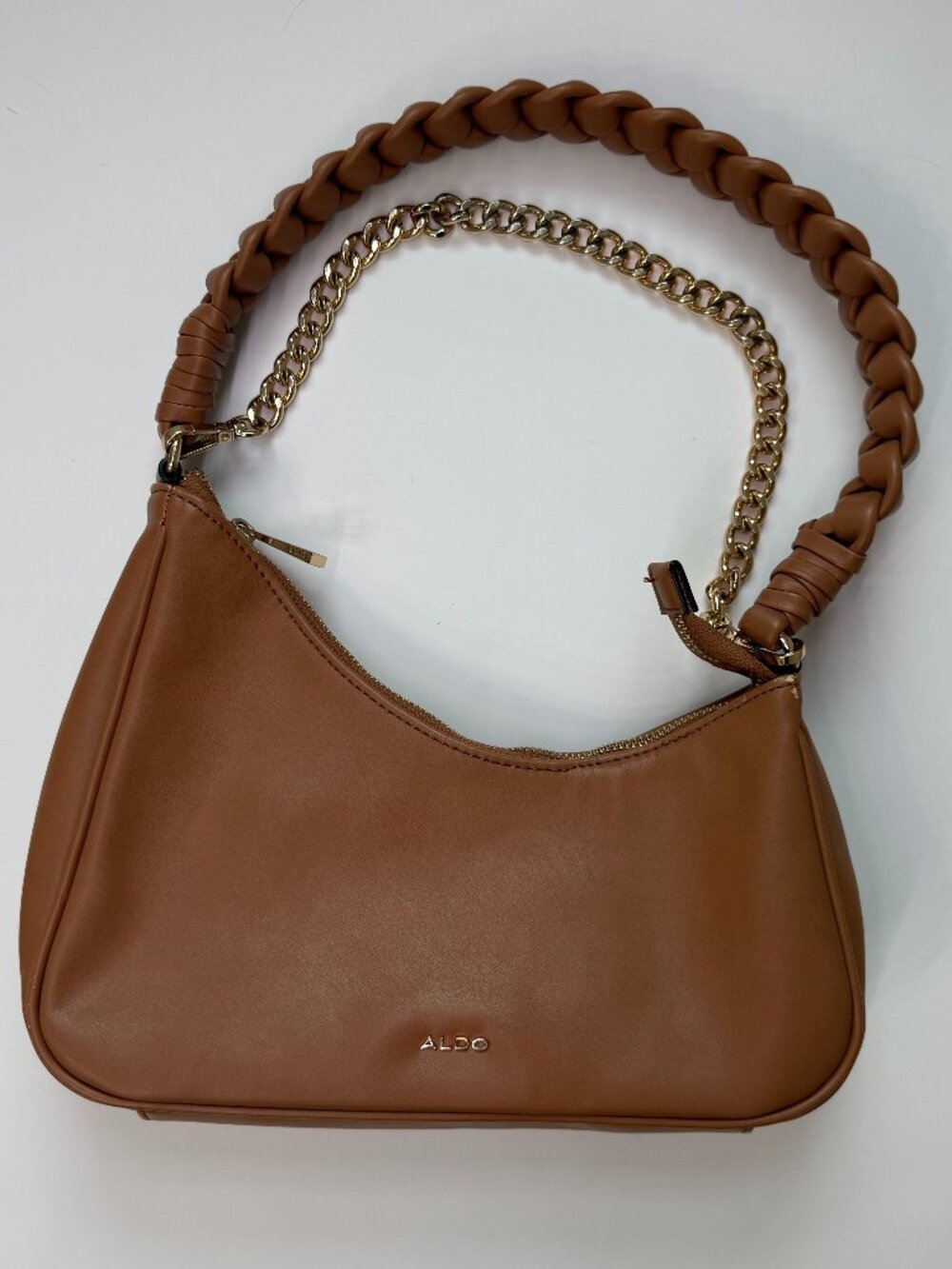 ALDO Brown Faux Leather Crescent Shoulder Bag Braided Gold Chain Zip Pockets